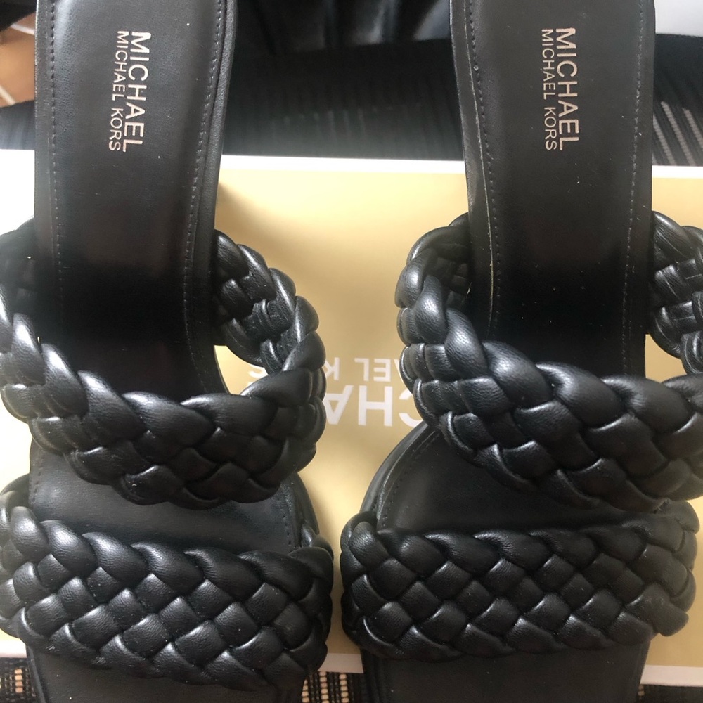 Michael Kors Black Braided faux Leather Slide Sandals - Picture 3 of 5